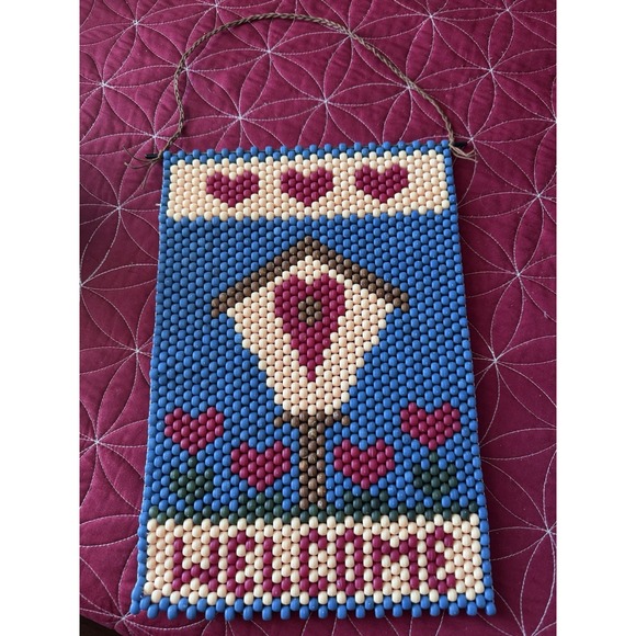 H & H Other - Vtg WELCOME SIGN‎ 14"x10" Wal Beaded Hanging Birdhouse Hearts Farm Plaque